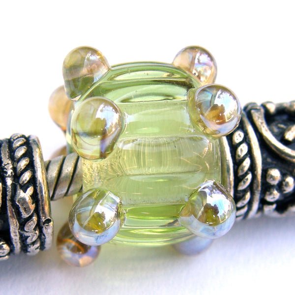 Handmade Large Hole Lampwork Beads, Artisan Glass Charm Chartreuse Yellow Green Ripples