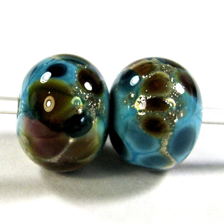 Handmade Lampwork Glass Frit Beads, Turquoise Browns Pink Silver