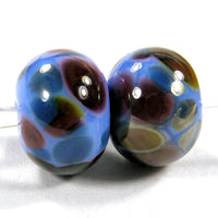 Handmade Lampwork Glass Frit Beads, Periwinkle Blue Pink Brown Blues 