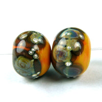 Handmade Lampwork Glass Frit Beads, Apricot Orange Raku Silver Shiny