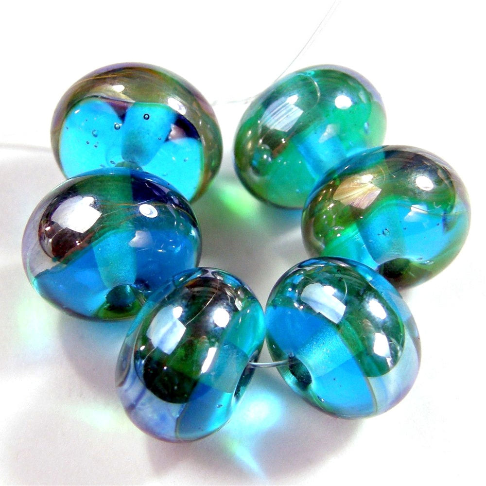 Handmade Lampwork Glass Band Beads Light Aqua Blue Aurae Shiny Covergirlbeads 6996