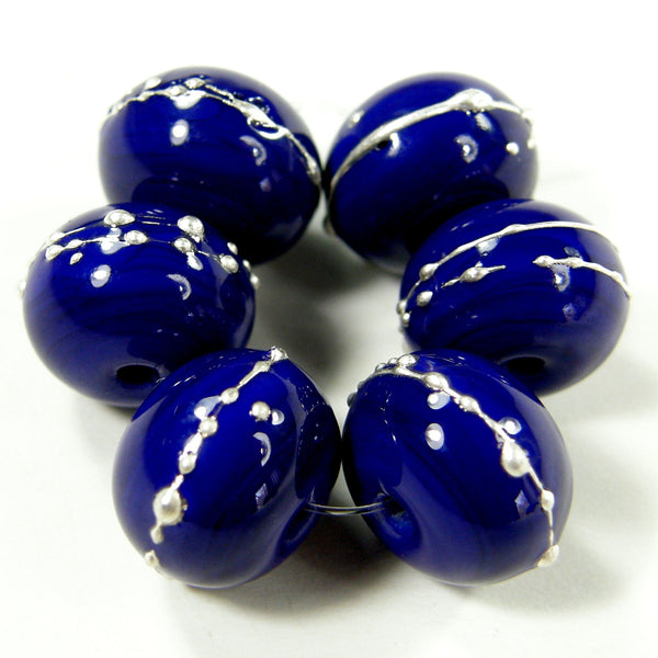 Handmade Lampwork Glass Beads, Dark Lapis Cobalt Blue Silver Shiny 246gfs