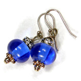 Transparent Dark Blue Lampwork Dangle Earrings Swarovski Crystals Sterling Silver