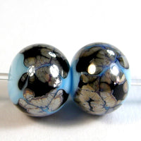 Handmade Lampwork Glass Beads, Sky Blue Black Webs Metallic Shiny