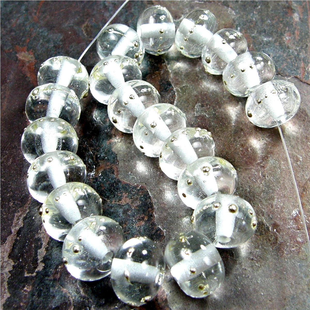 Handmade Lampwork Glass Beads, Clear Transparent Fine Silver Shiny