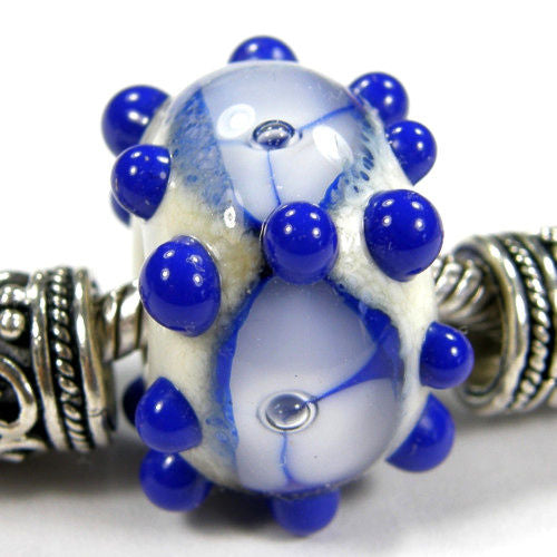 Handmade Large Hole Lampwork Beads Glass Flowers Dots Blue Ivory Covergirlbeads