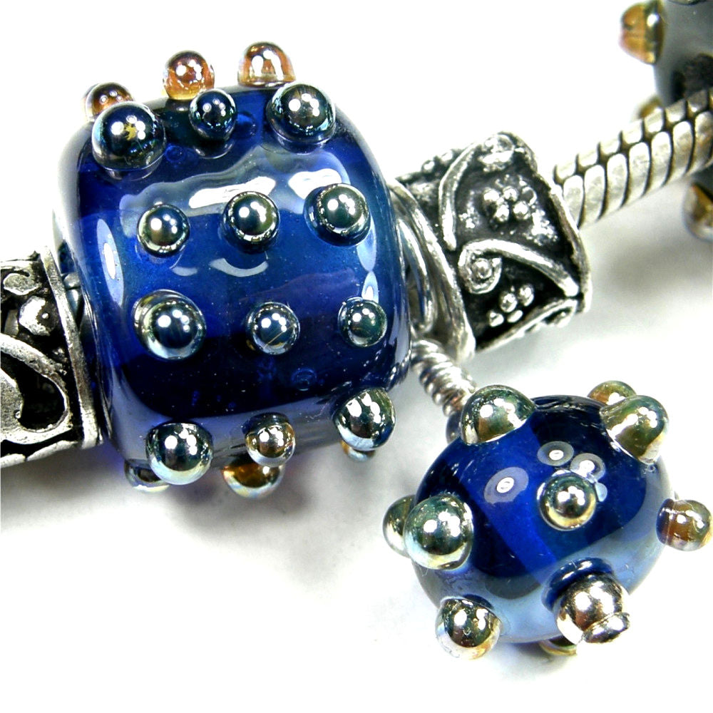 Handmade Large Hole Lampwork Beads Glass Nugget Set Blue Metallic Covergirlbeads 6814