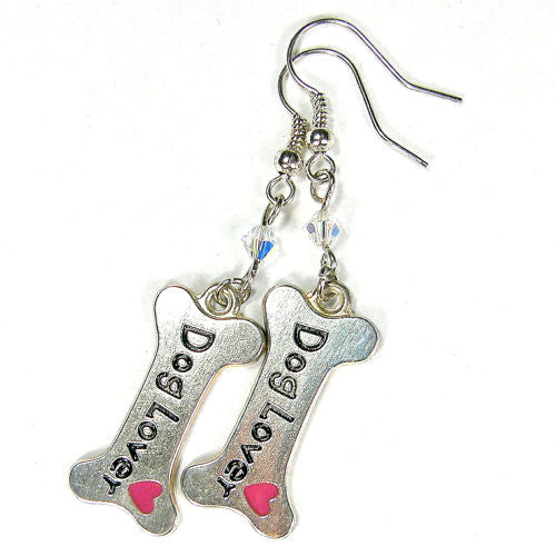 Dog Lover Earrings, Pink Heart Swarovski Crystals Handmade Silver Jewelry