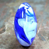 Handmade Lampwork Glass Focal Bead, XL Lentil Cobalt Blue White Silver Shiny