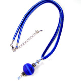 Etched Royal Blue Lampwork Necklace Swarovski Crystals Leather
