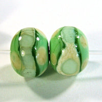 Handmade Lampwork Glass Bead Pair, Grasshopper Green Ivory Band Dots Shiny