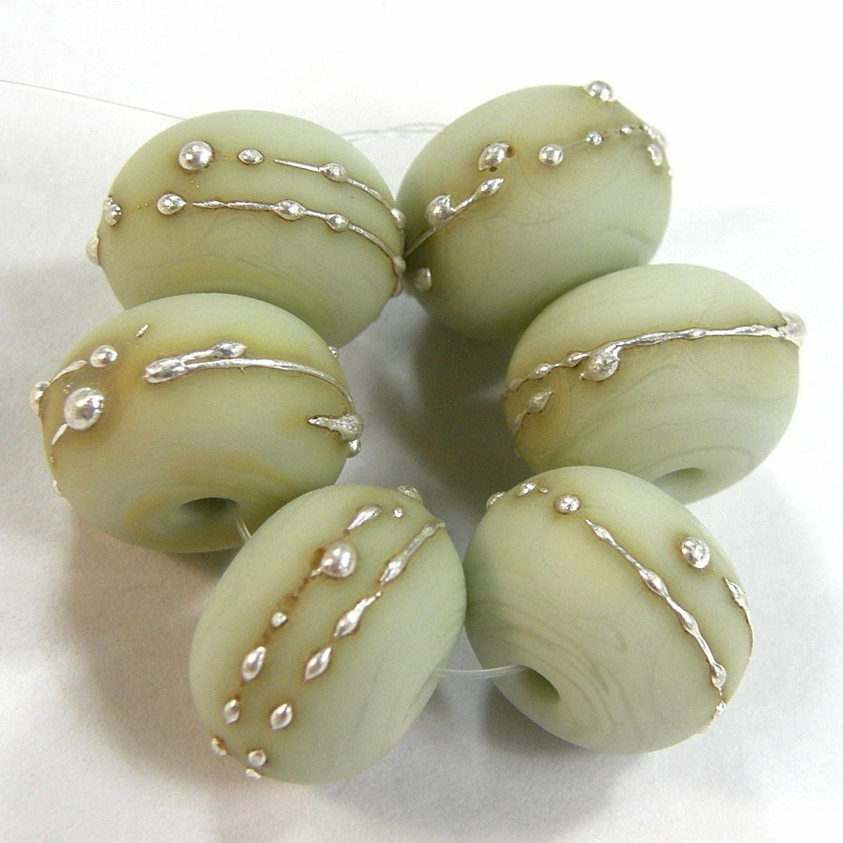 Handmade Lampwork Glass Beads Pale Olive Green Silver Etched Matte Covergirlbeads