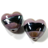 Handmade Lampwork Glass Heart Beads, Violet Purple With Plum Silver Metallic Band