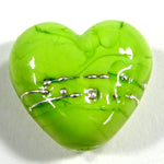Handmade Lampwork Glass Heart Beads, Lime Green Wrapped in Fine Silver, Shiny