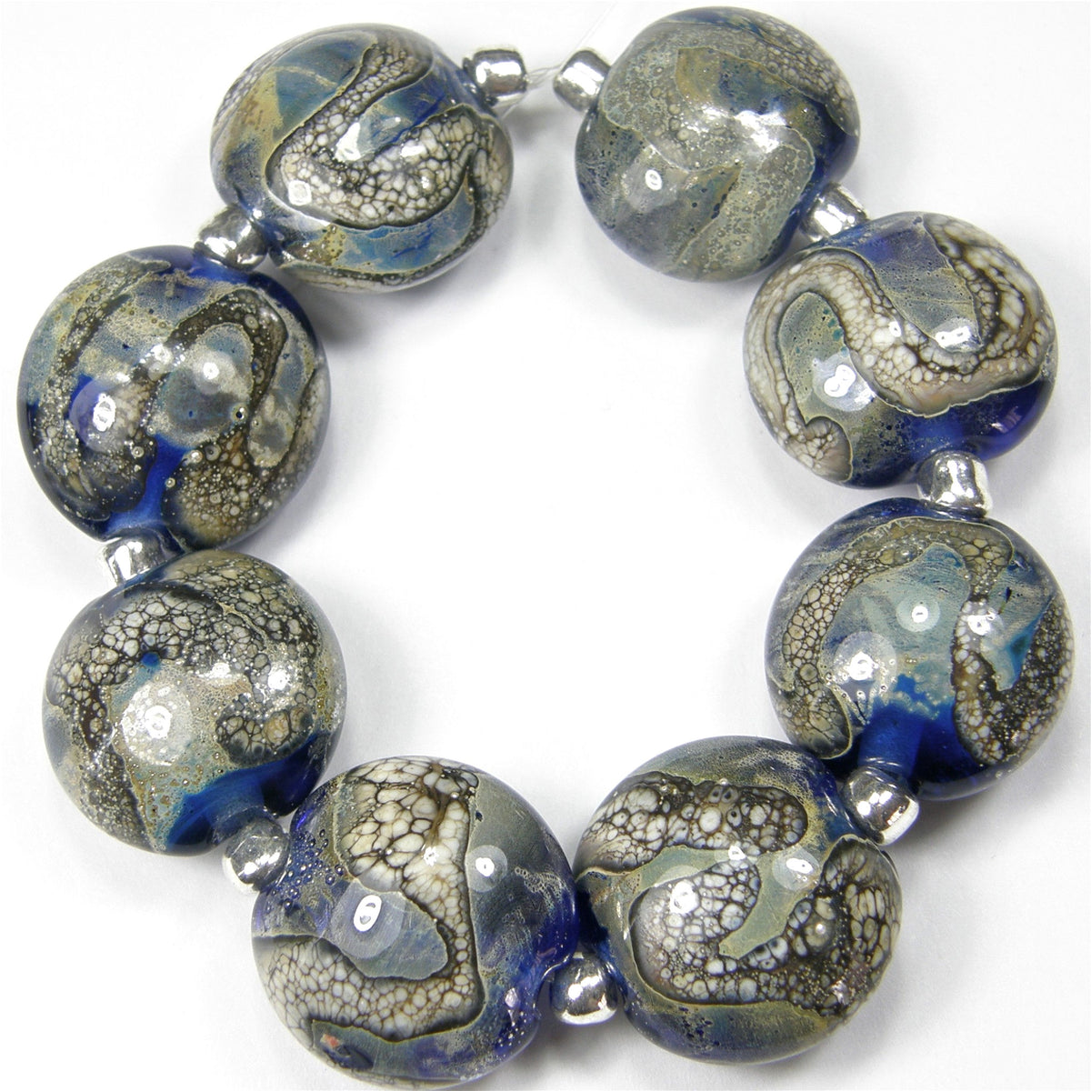 Handmade Lampwork Glass Lentil Bead Set, Intense Blue Silvered