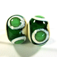 Handmade Lampwork Glass Bead Pairs, Teal Green Ivory Band Dots Shiny