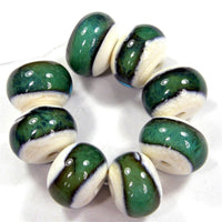 Handmade Lampwork Glass Band Beads, Ivory Dark Teal Green Shiny