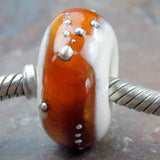 Handmade Large Hole Lampwork Beads, Ivory Medium Amber Band Silver Shiny
