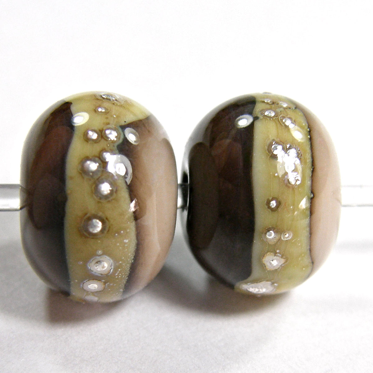 Handmade Lampwork Glass Bead Pairs Two Tone Brown Ivory Band Silver Covergirlbeads