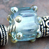 Handmade Large Hole Lampwork Beads, Glass Charm Pale Blue Ripples