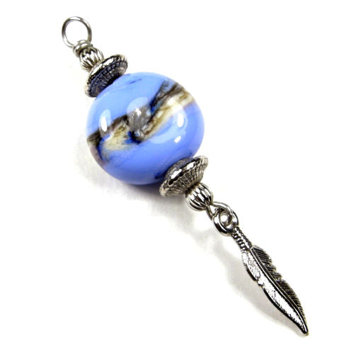 Periwinkle Blue Lampwork Pendant, Feather, Handmade 