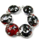 Handmade Lampwork Glass Lentil Bead Set, Rustic Red Black Silver Matrix Shiny