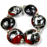 Handmade Lampwork Glass Lentil Bead Set, Rustic Red Black Silver Matrix Shiny