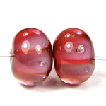 Handmade Lampwork Glass Bead Pairs, Red Pink Stripes Encased Shiny