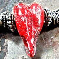 Handmade Large Hole Lampwork Beads, Glass Heart, Red Silver Dichroic