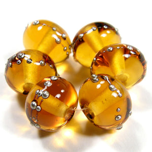 Shiny Light Amber Handmade Lampwork Glass Beads Wrapped in Fine Silver