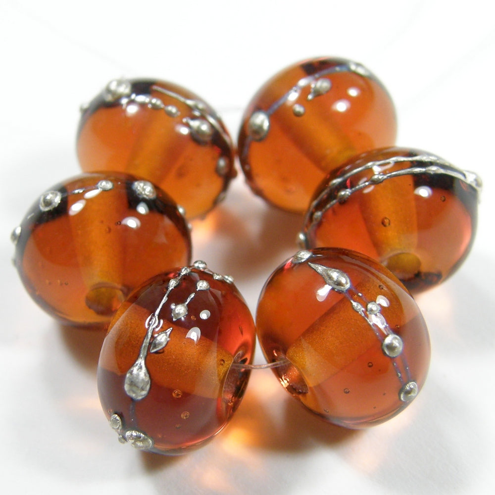 Medium Amber Topaz Handmade Lmpwork Glass Beads Wrapped With Fine Silver