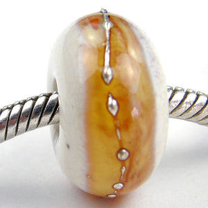 Ivory Handmade Large Hole Lampwork Glass Beads with a Transparent Light Amber Topaz Band Wrapped in Fine Silver
