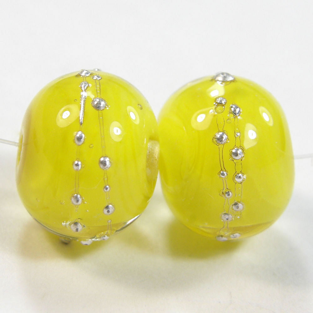 Encased Bright Acid Yellow Handmade Lampwork Beads Wrapped in Fine Silver