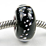 Handmade Large Hole Lampwork Beads, Glass Charm Encased Black Silver Shiny