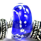 Handmade Large Hole Lampwork Beads, Glass Bracelet Charm, Encased Intense Blue Silver