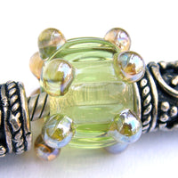 Handmade Large Hole Lampwork Beads, Artisan Glass Charm Chartreuse Yellow Green Ripples