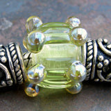 Large Hole Lampwork Beads, Handmade Glass Chartreuse Yellow Green Dots Ripples