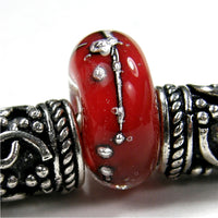 Handmade Large Hole Lampwork Beads, Glass Charm Encased Red Silver Shiny