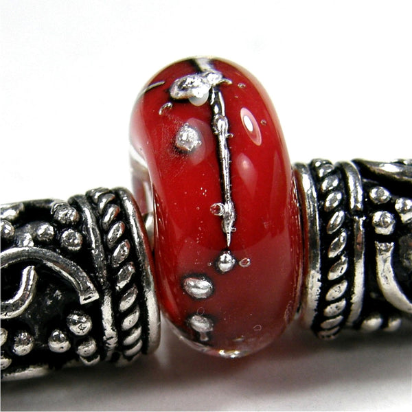 Handmade Large Hole Lampwork Beads, Glass Charm Encased Red Silver Shiny
