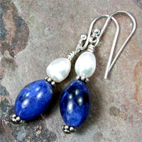 Blue Sodalite Gemstone Freshwater Pearl Dangle Earrings Sterling Silver