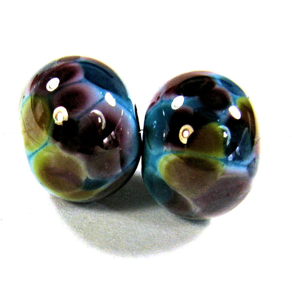 Handmade Lampwork Glass Frit Beads, Turquoise Blue Browns Pink