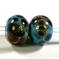 Handmade Lampwork Glass Frit Beads, Turquoise Blue Browns Pink Silver Leaf
