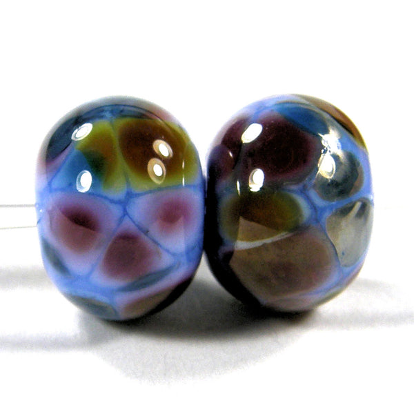Handmade Lampwork Glass Frit Beads, Periwinkle Blue Pink Brown Blues 
