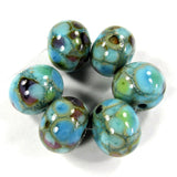 Handmade Lampwork Glass Frit Beads, Lt Turquoise Blue Green Purple Silver Leaf