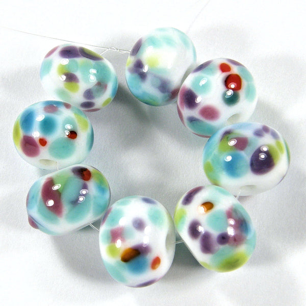 Handmade Lampwork Glass Frit Beads, White Frit Dots Shiny Glossy 02