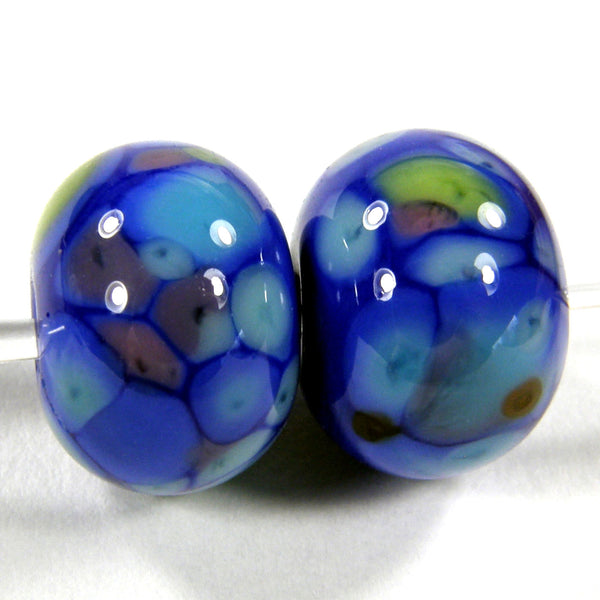 Handmade Lampwork Glass Frit Beads, Cobalt Blue Green Purple Shiny