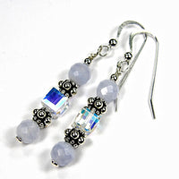 Elegant Blue Lace Agate Dangle Earrings, Swarovski Crystals, Sterling, Handmade