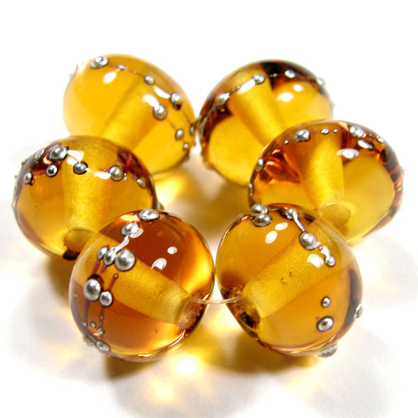 Handmade Lampwork Glass Beads, Light Amber Topaz Silver Shiny 012gfs