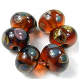 Handmade Lampwork Glass Frit Beads, Amber Brown Raku Transparent Shiny