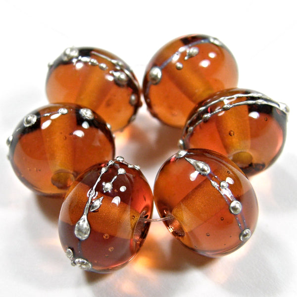 Handmade Lampwork Glass Beads, Medium Amber Topaz Silver Shiny 014gfs